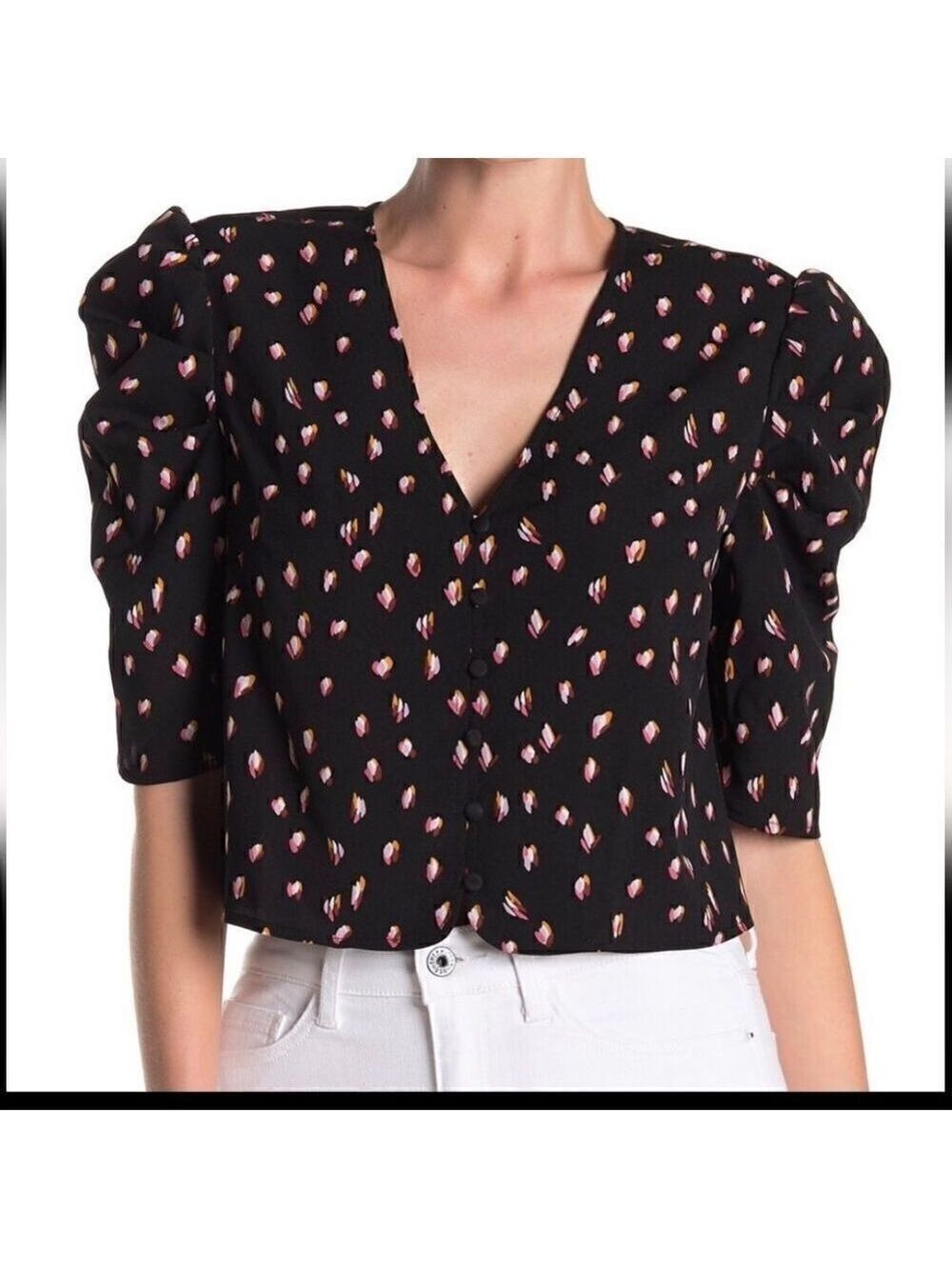 Free Press NWT Puff Sleeve Floral Crop Top XXL Black Pink